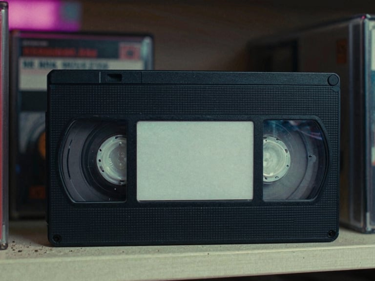 Close-up of a vintage VHS tape on a dusty shelf in a neon-lit video store, analog film grain, cinematic film photography, low-key neon lighting, retro synthwave color palette, heavy analog film grain, 35mm lens