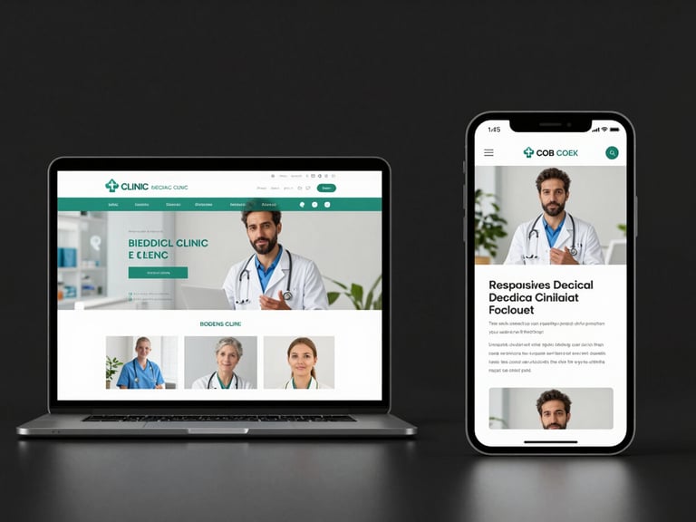 Side-by-side browser mockup showing a responsive medical clinic website on desktop and mobile screens, clean layout, high contrast studio lighting.