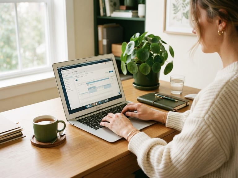 Hands of a remote medical coordinator typing on a laptop in a bright, warm-toned home office, soft natural window light, deep forest green details, professional 35mm