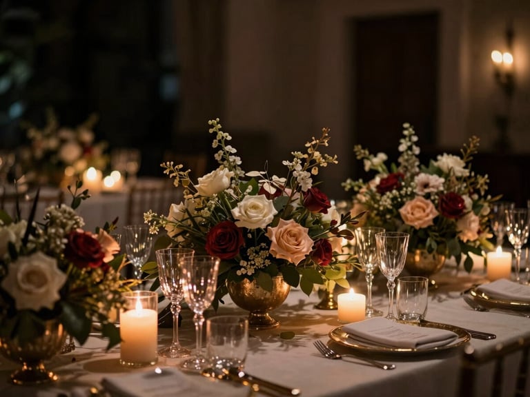 Decoración floral exuberante en una boda, con velas y cristalería bajo una iluminación cálida, estilo cinematográfico, enfoque en los detalles.