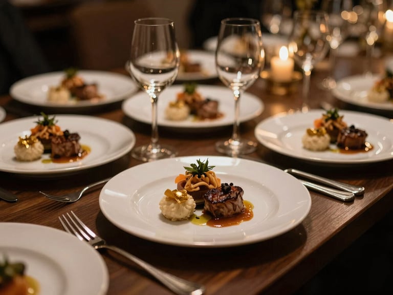 Primer plano de un plato gourmet elegantemente presentado en un banquete de bodas, con iluminación dramática y detalles dorados, estilo cinematográfico.