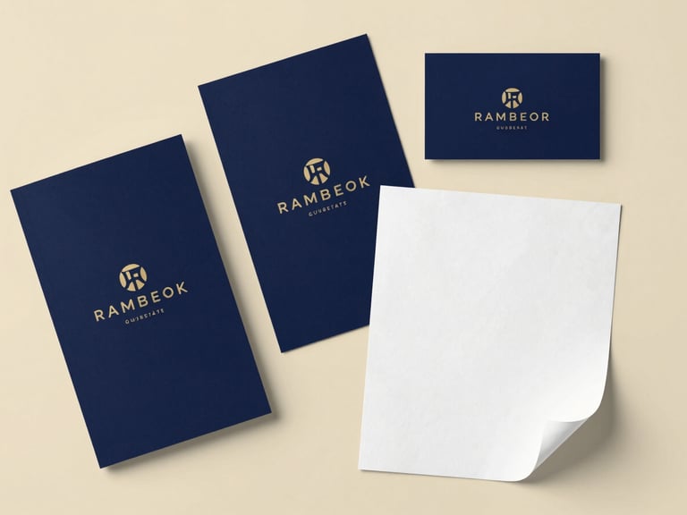 Tight overhead flatlay of printed brand identity assets — business cards, a brand guideline booklet, and a folded letterhead — arranged on a warm cream surface under even studio lighting, all assets showing a cohesive deep navy and warm gold color system, no faces or people