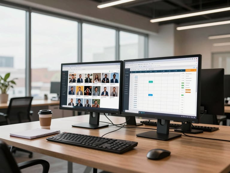 Wide environmental shot of a modern co-working office interior — dual monitors showing a social media content calendar and analytics dashboard, warm daylight from floor-to-ceiling windows, no people, tidy desk surface with a notebook and a coffee cup