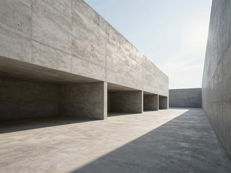 Wide environmental shot of a minimalist concrete building with sharp perspective lines pointing toward a bright morning sky, high-contrast shadows.