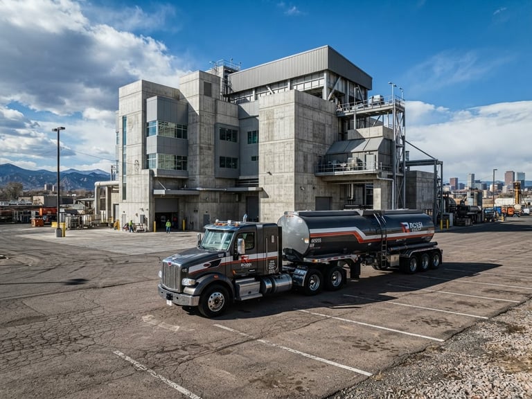 Wide environmental shot of a Rossi Group branded heavy-duty fleet truck parked in front of a modern concrete industrial facility in Denver, crisp high-contrast daylight, dramatic shadows