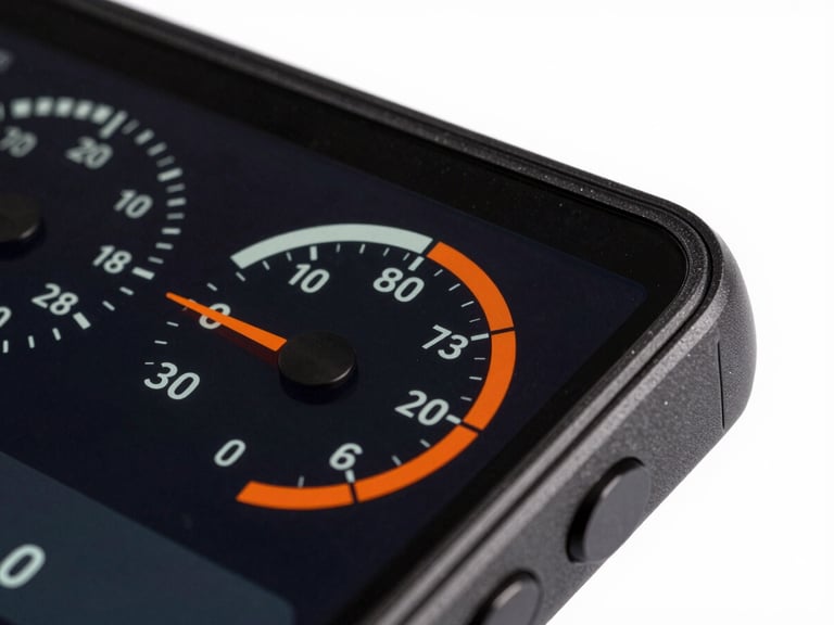 Macro shot of a rugged Android device displaying real-time telemetry gauges, high-contrast lighting