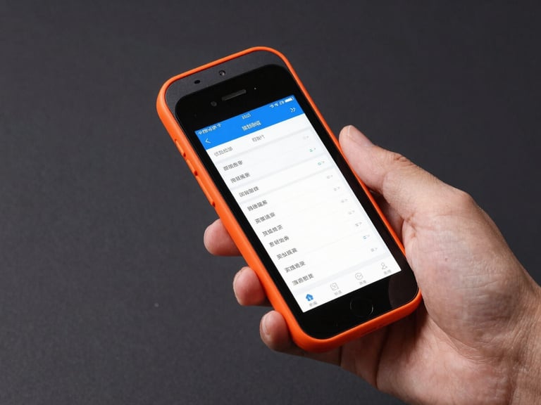 Hands holding a handheld Android scanner displaying a clean logistics inventory grid, sharp technical focus