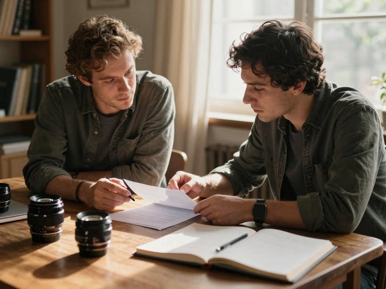Two filmmakers discussing a script on a wooden table, warm window light casting soft shadows, vintage lenses and notebooks scattered around