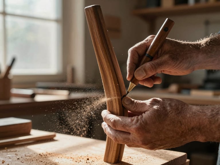 Close-up of weathered hands carving a walnut chair leg in a sunlit Garland woodshop, fine sawdust floating in natural window light, cinematic 16:9 crop.