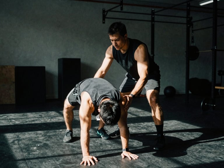 Coach demonstrating proper lifting form to a client in a high-contrast gym setting, deep shadows, candid, 35mm film grain