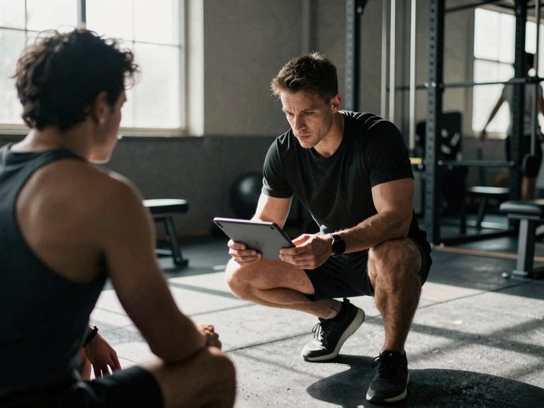 Coach leading a virtual session on a tablet while also observing a client in a gym, dynamic medium shot, high-contrast natural light, deep shadows, 35mm film grain