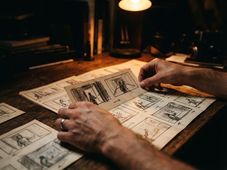 Cinematic close-up of hands arranging physical storyboards on a wooden table, warm amber practical light, deep shadows, 35mm film photography.