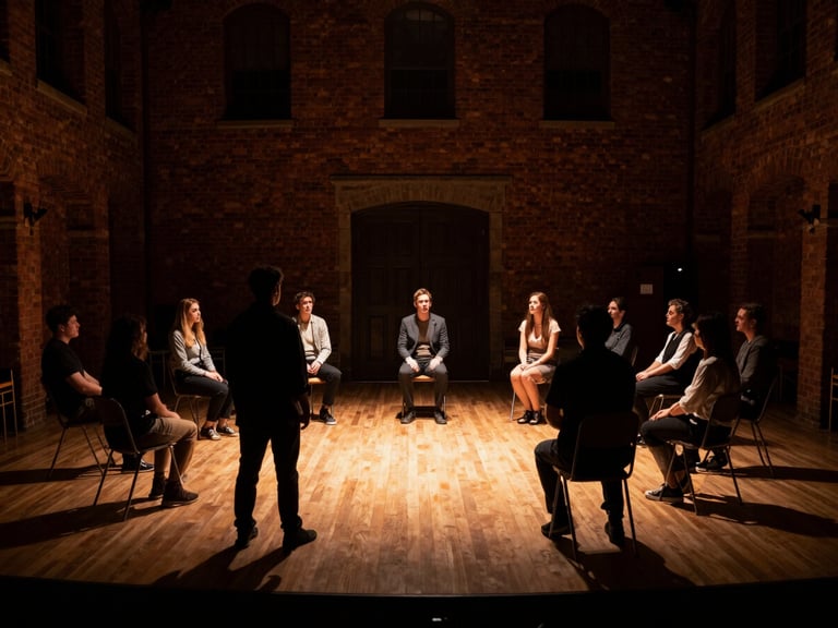 Dramatic low-key lighting on actors rehearsing a play inside a historic brick community hall, warm spotlight highlights, deep shadows.
