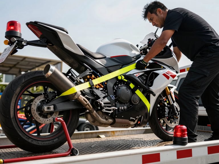 Close-up of a professional driver securing a motorcycle onto a tow truck platform, safety-yellow straps, high-contrast daylight