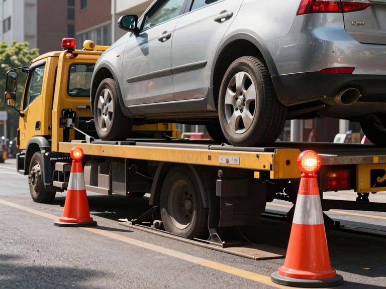 Tow truck hydraulic platform lowering to load a car in a urban street, high contrast, safety beacons active