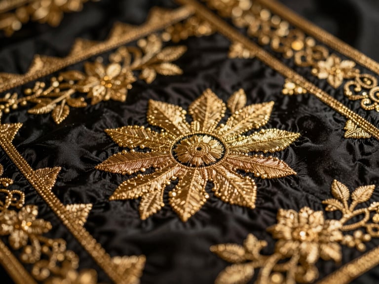 Close-up of intricate gold embroidery on deep black silk, warm dramatic lighting, shallow depth of field.