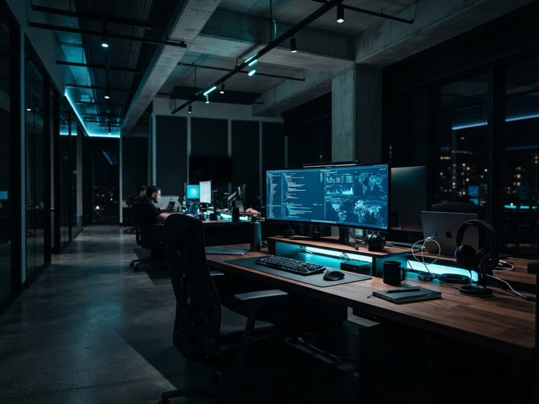 Wide-angle architectural crop of a high-end modern workspace, low-key ambient light with sharp cyan highlights, shallow depth of field