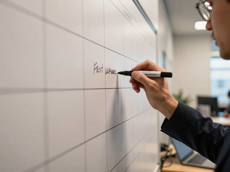 Close-up of agency team member's hand writing on a large wall planning board, left side clear, marker mid-stroke on a content grid, warm available indoor light, cables and laptop visible in soft background blur