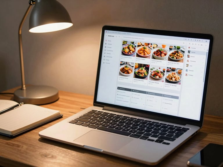 Agency desk scene, right two-thirds frame, laptop screen showing a social media scheduling dashboard with grid of food images, warm tungsten desk lamp light, notebook open beside keyboard, no person visible — just the tools in use