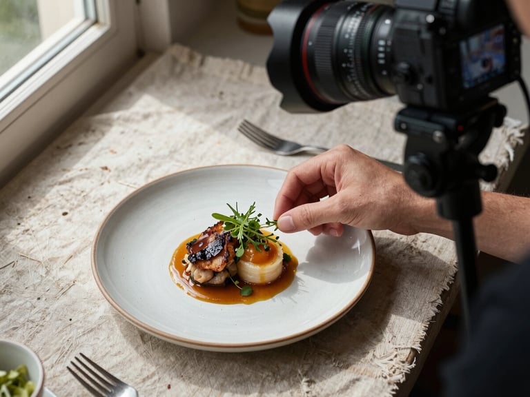 Overhead study of a food photography shoot in progress, camera on tripod visible upper right, artisanal ceramic plate with plated dish on weathered linen surface, natural side-window light casting soft shadows, hands adjusting a small herb garnish