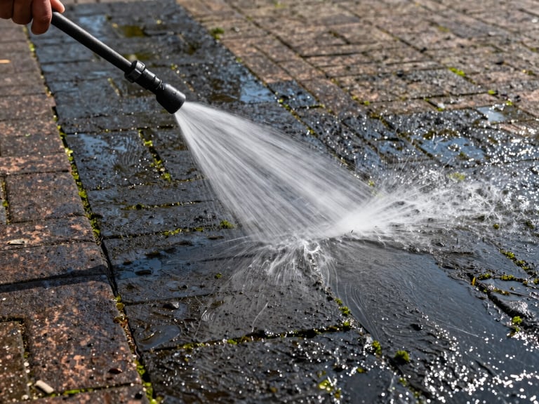 Close medium shot of a high-pressure wand spraying water across dark algae-covered clay brick pavers on a Dutch driveway, water jet visible hitting the surface at an angle, bright midday light, grime clearly visible on the unwashed half beside the clean strip the jet has already cleared, no people visible, environmental outdoor setting