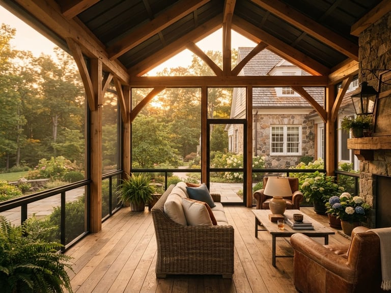 A stunning screened-in porch at golden hour, showing the architectural integration with a traditional Virginia home, warm sunlight filtering through screens onto rich Virginia white oak timbers, editorial style, 35mm lens.