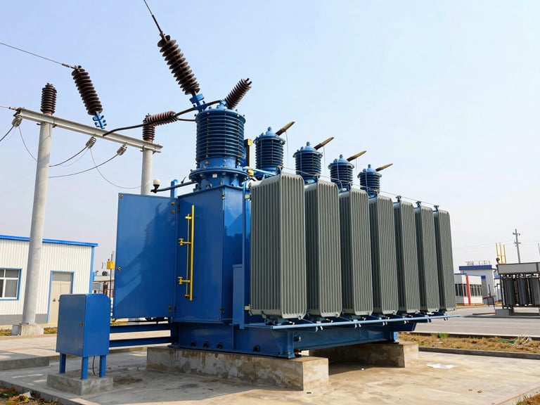 Wide-angle daylight photograph of a newly installed high-voltage electrical transformer station, clean industrial environment, royal blue and gold accents, professional 35mm architectural framing