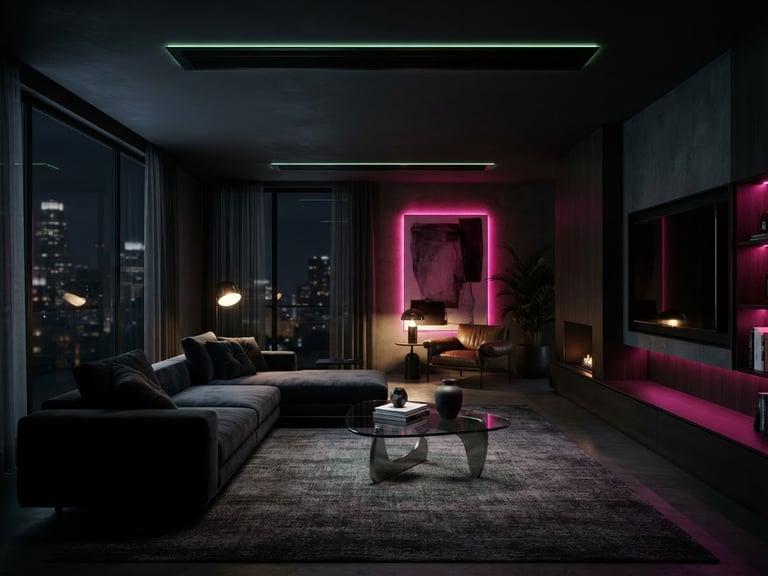 Sleek modern luxury living room at night, architectural lighting with subtle green neon glow, minimalist climate diffuser integrated into the dark ceiling, 35mm lens, high contrast