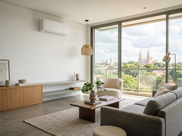 Crisp architectural photography of a modern, clean living room in Maringá, soft natural daylight, a high-end air conditioning unit perfectly integrated into the wall, professional and precise framing, 35mm lens