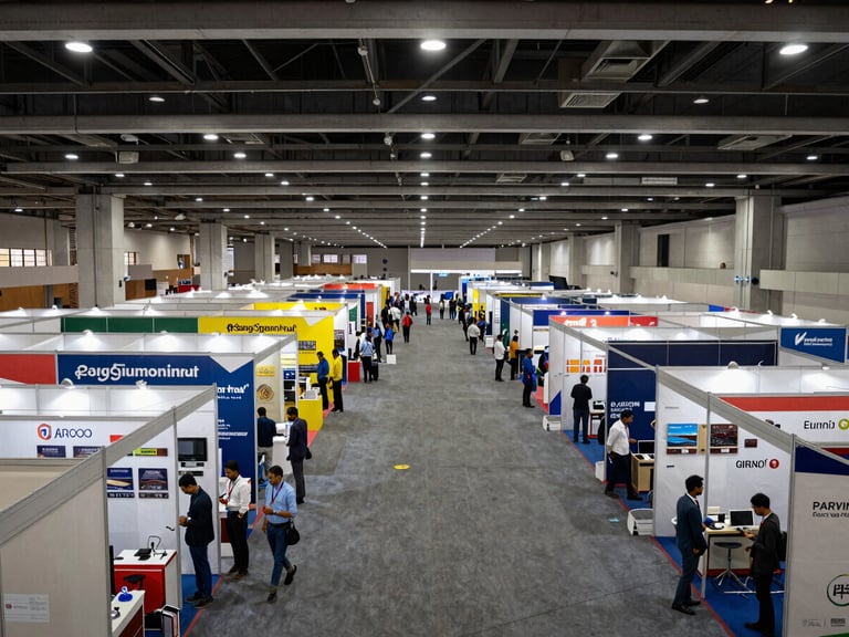 Wide environmental shot of a trade expo hall in India, rows of logistics and manufacturing supplier booths stretching into the distance under bright overhead lighting, documentary framing from a mid-height vantage point showing the scale of the floor
