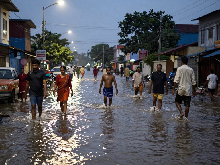 A high-contrast wide-angle documentary photograph of a waterlogged street in Madhyamgram, local residents navigating the water, raw evening streetlights.
