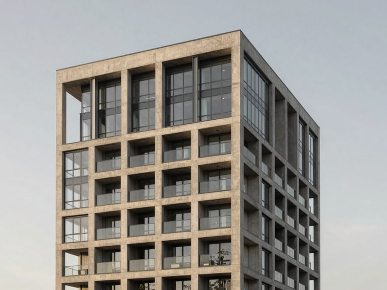 Straight-on architectural elevation of a modern concrete and glass multifamily building in crisp morning light, sharp structural lines, neutral gray sky.