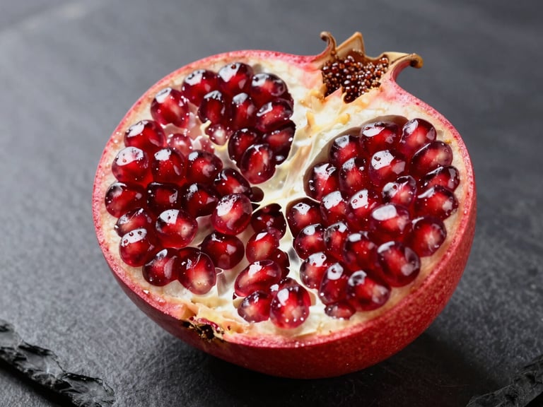 Studio macro photograph of a halved pomegranate on a dark slate surface, bright diffused overhead light, deep ruby arils densely packed and glistening, cross-section fully visible, no human subjects, no text