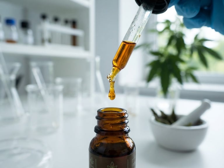 Crisp macro detail of amber CBD oil dripping from a glass pipette, clinical laboratory backdrop, bright natural daylight, sterile white and deep green tones, 50mm botanical photography