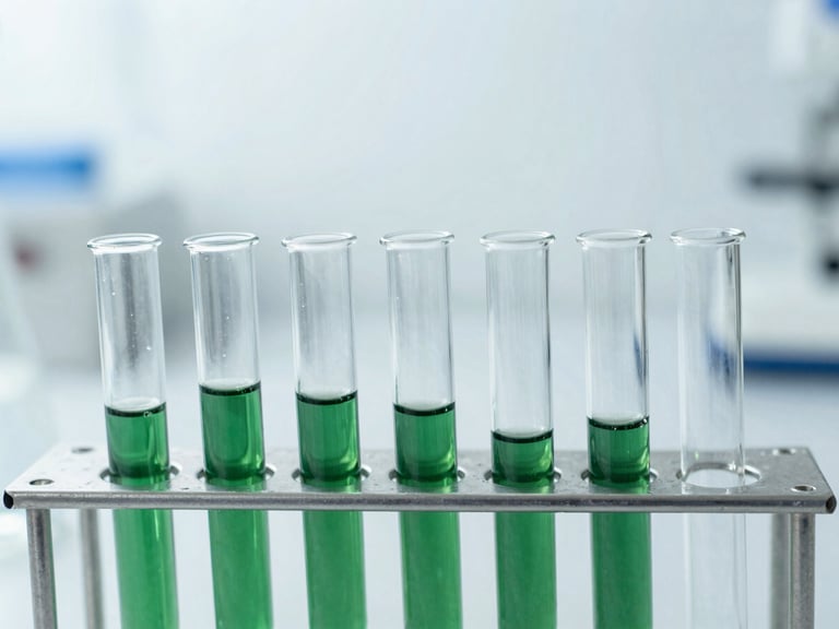 Crisp flat-lay of professional laboratory test tubes in a metal rack, bright cool daylight, sterile white background, 50mm
