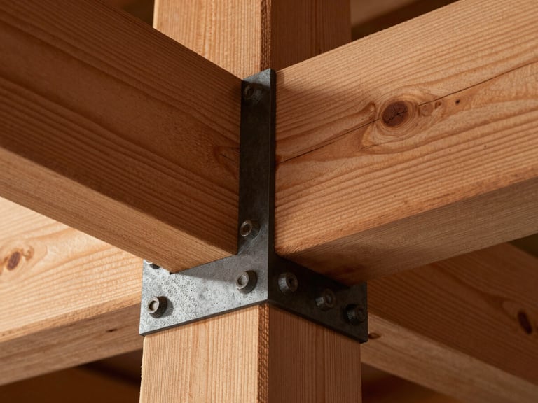 Extreme close-up of heavy timber joinery, a thick cedar beam meeting a dark steel connection plate with heavy bolts, warm side lighting highlighting wood grain and metal texture