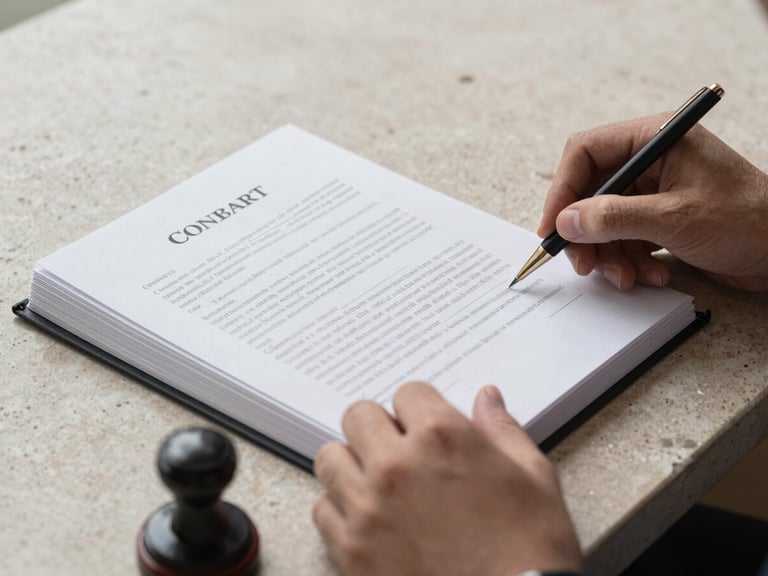 Close-up of hands turning the page of a bound legal contract on a light stone surface, overcast natural light from the left, ink stamp partially visible at the bottom corner, no faces