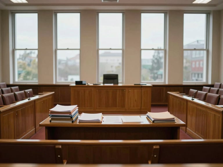 Wide architectural photograph of a regional government chamber hall, empty wooden seats, tall windows with overcast daylight, documents and folders stacked on the central table, no people