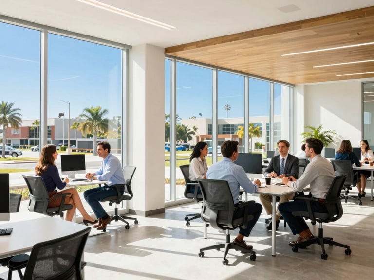 Bright editorial photo of a modern corporate consulting office in Brandon, Florida, sunlit collaborative workspace with large windows, professional team members talking in the background, 35mm