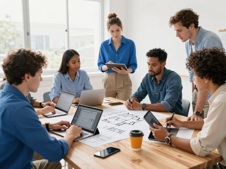 A bright, high-key natural daylight workspace. Diverse professionals collaborating around a large wooden table with architectural plans and digital tablets, vibrant blue and warm amber accents, 35mm.
