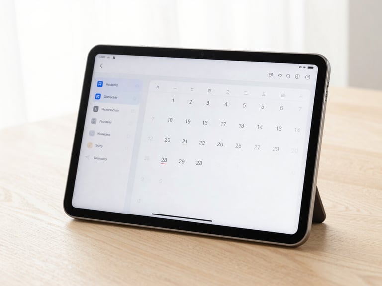Bright high-key product photography of a modern Android tablet displaying a clean, minimalist calendar and task list app interface on a light wooden desk, soft studio light, 35mm