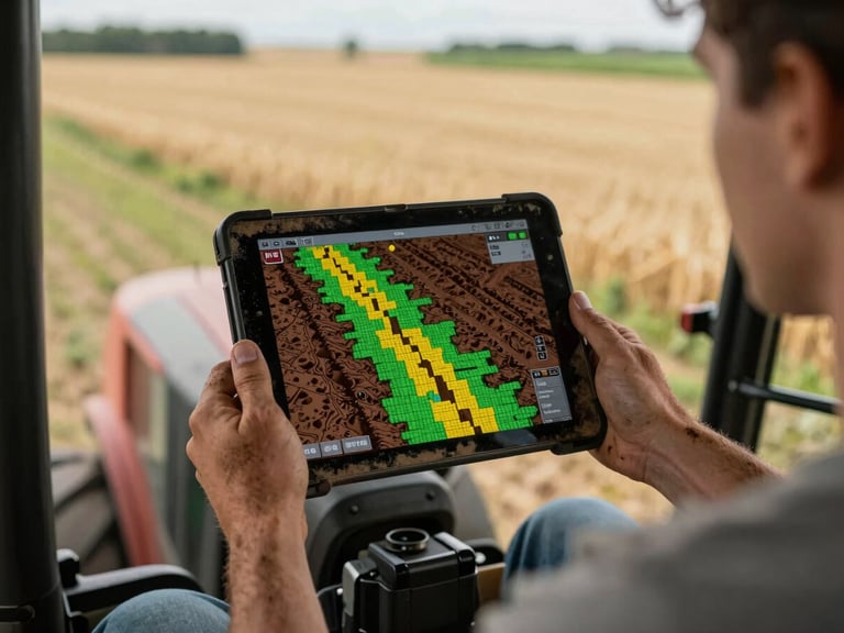 Over-the-shoulder shot of a rugged, dust-covered tablet displaying a green and yellow pixelated soil productivity map, held by hands with dirt on them inside a modern tractor cabin looking out at a sun-drenched field.