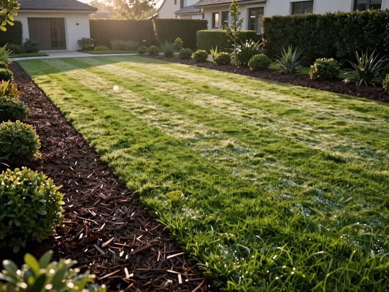 Low-angle architectural wide shot of a manicured residential estate at sunrise, crisp spade-cut garden edges bordering deep dark mulch, perfectly striped vibrant green turf, morning dew catching the light.