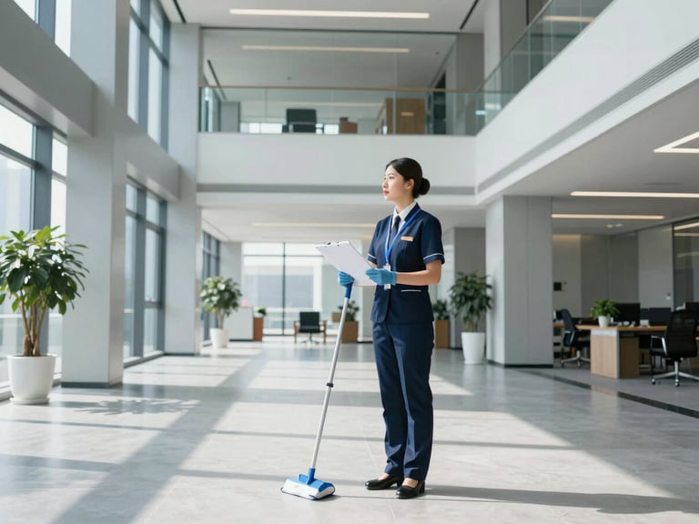 Wide environmental shot of a professional cleaning supervisor in a clean corporate navy uniform inspecting a spotless modern office lobby, bright natural daylight, architectural depth
