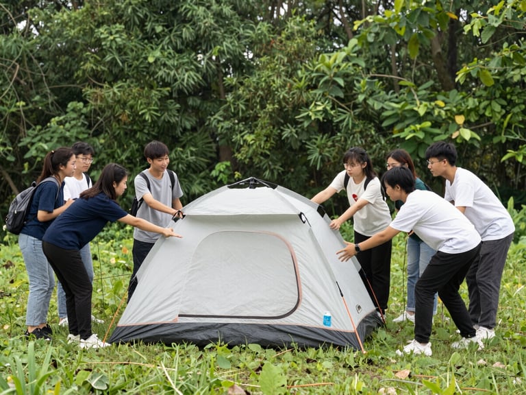 Students collaboratively pitching a tent in a lush green forest clearing, natural daylight, candid action, 35mm lens