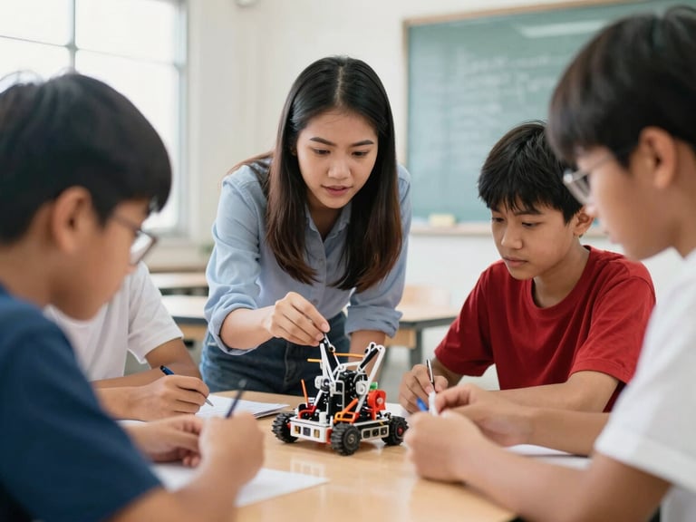 A Thai female coach in a modern classroom, guiding students building a robotics project, bright natural light, shallow depth of field, candid action