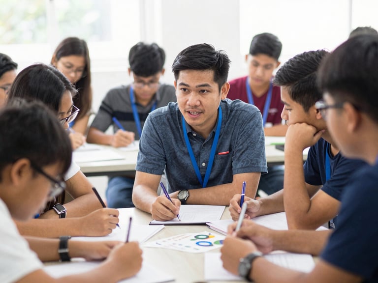A male coach speaking Thai and English to a diverse group of students collaborating on a design thinking exercise, bright natural light, shallow depth of field, candid action