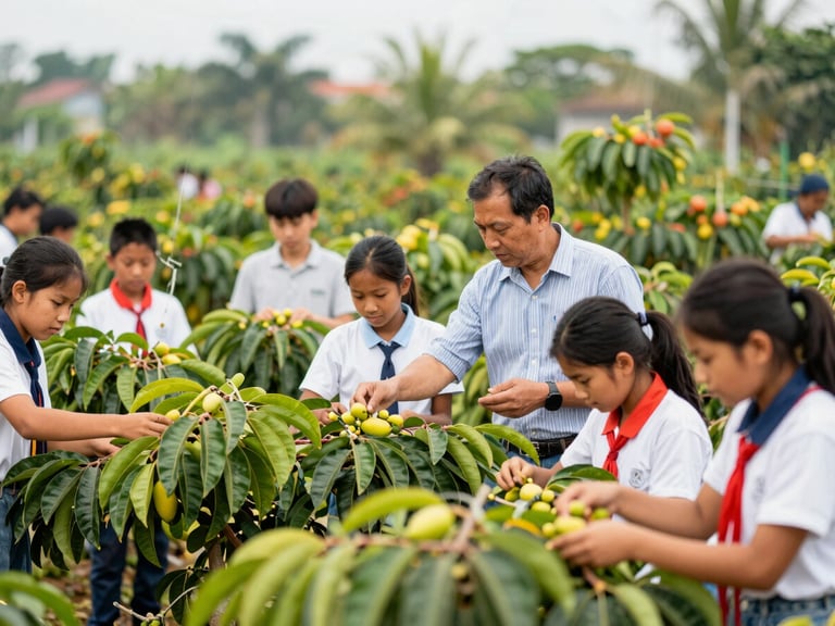 Group of students harvesting fruit in a vibrant tropical fruit garden, coach guiding, natural daylight, shallow depth of field, 35mm lens