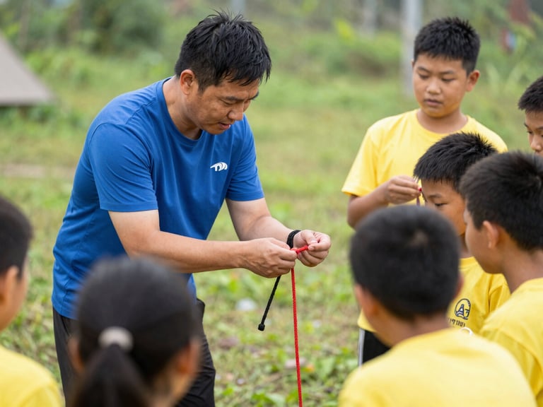A coach demonstrating safe knot-tying technique to students during an outdoor camping trip, natural daylight, vibrant authentic colors, shallow depth of field, candid action