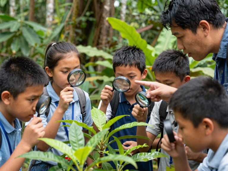 Students using magnifying glasses to examine plants in a tropical forest, coach pointing, natural daylight, vibrant colors, 35mm lens